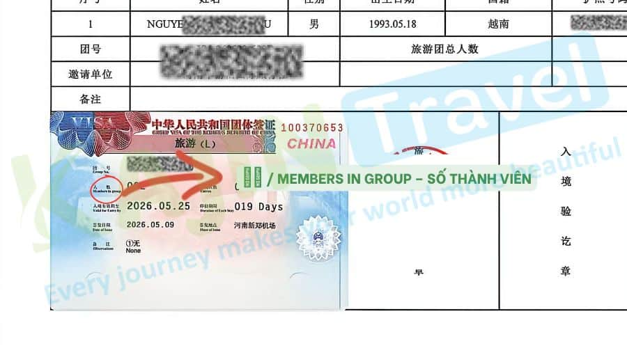 Hướng dẫn cách đọc visa đoàn Trung Quốc - Số thành viên