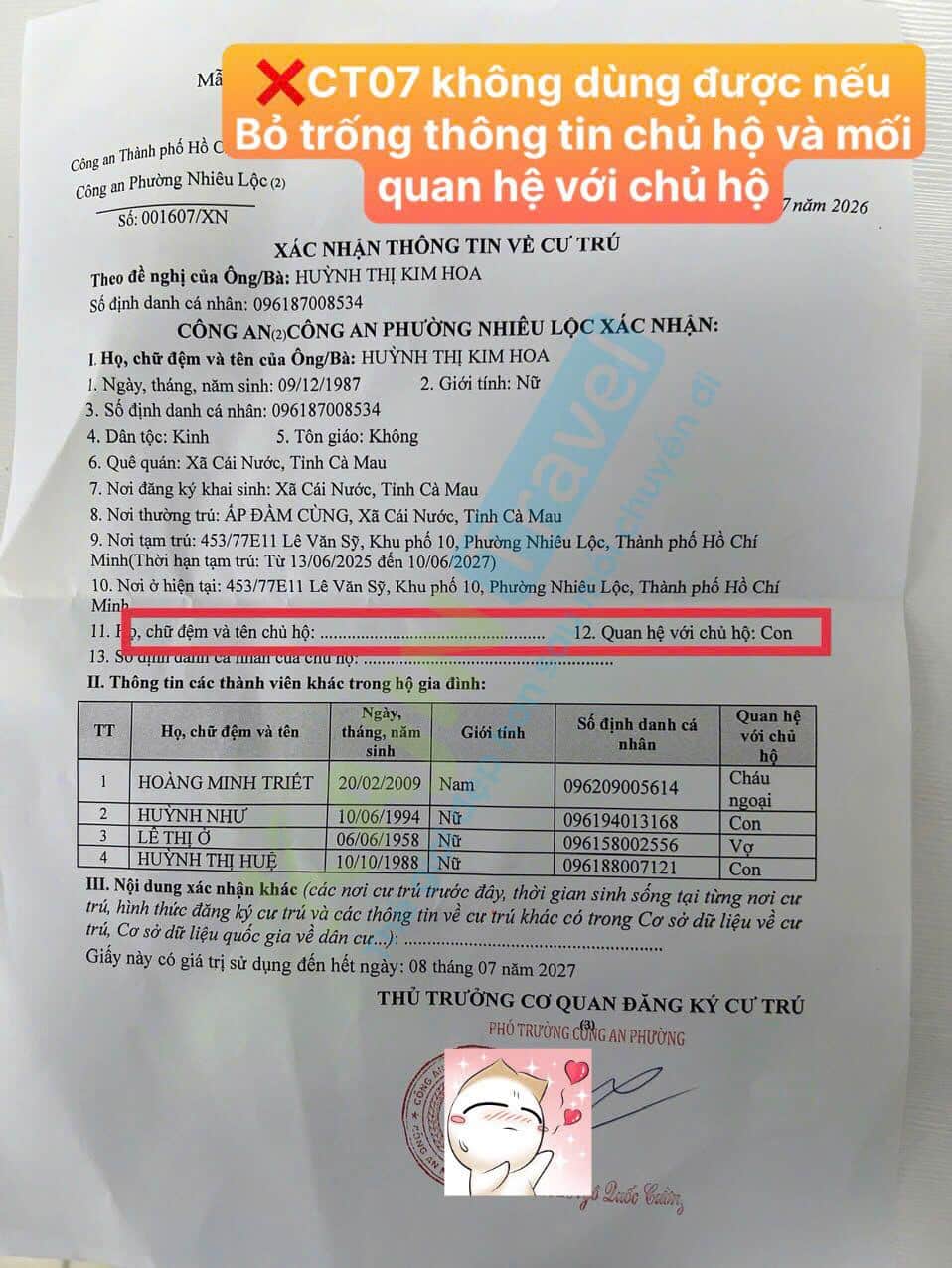 KHÔNG nên bỏ trống thông tin chủ hộ và mối quan hệ với chủ hộ trong mẫu CT07